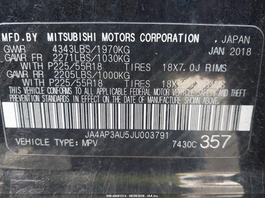 2018 Mitsubishi Outlander VIN JA4AP3AU5JU003791 IAAI salvage auction — FRONT END, Mv-907A (New York), sold $1,600 on 2026-07-16 (photo 9)