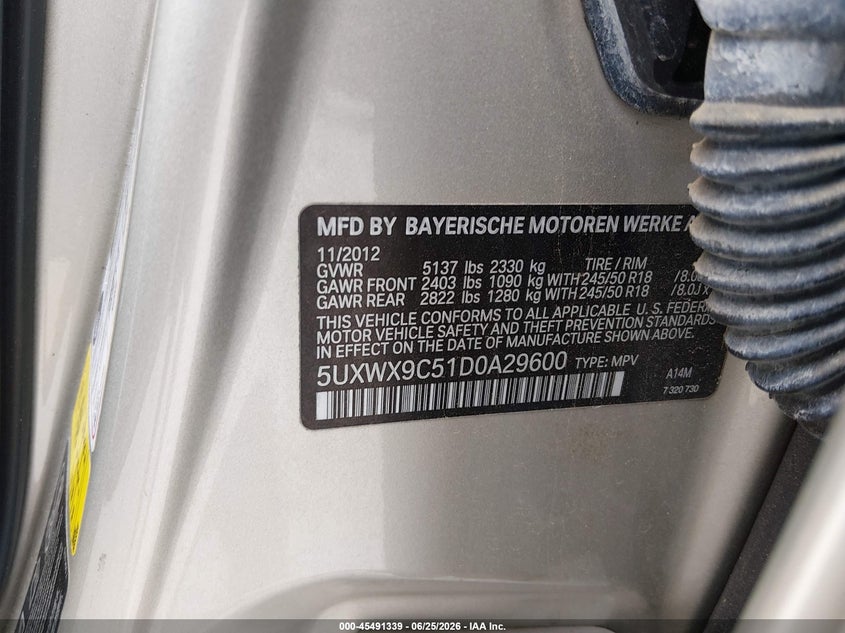 2013 BMW X3 VIN 5UXWX9C51D0A29600 IAAI salvage auction — NORMAL WEAR, Original (Texas), sold $2,100 on 2026-07-13 (photo 9)