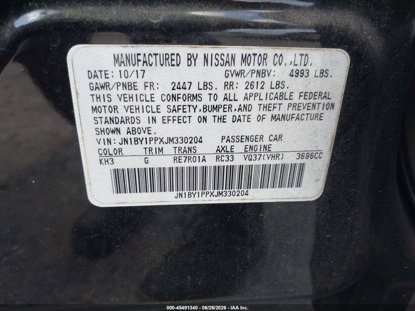 2018 Infiniti Q70 VIN JN1BY1PPXJM330204 IAAI salvage auction — REAR END, Rebuildable (Florida), sold $2,950 on 2026-07-30 (photo 9)