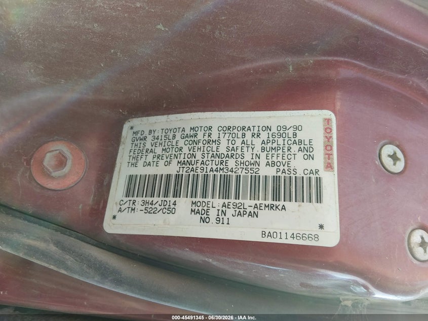 1991 Toyota Corolla VIN JT2AE91A4M3427552 IAAI salvage auction — MECHANICAL, Clear (Colorado), sold $50 on 2026-07-29 (photo 9)