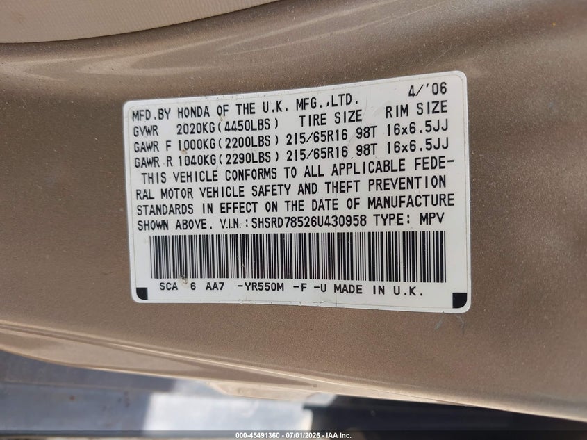 2006 Honda Cr-v VIN SHSRD78526U430958 IAAI salvage auction — NORMAL WEAR, Clear (Pennsylvania), sold $400 on 2026-07-07 (photo 9)