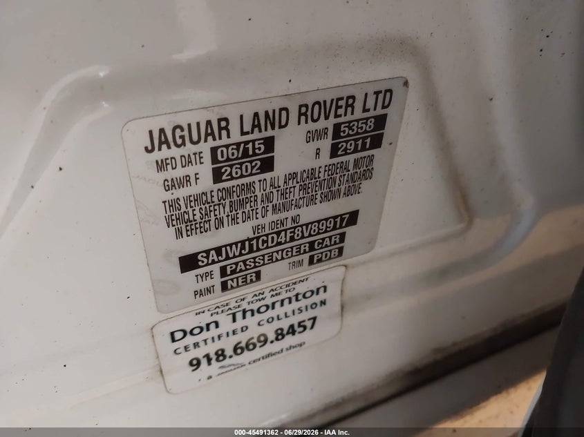 2015 Jaguar Xj VIN SAJWJ1CD4F8V89917 IAAI salvage auction — FRONT END, Clear (Michigan), sold $950 on 2026-07-19 (photo 9)