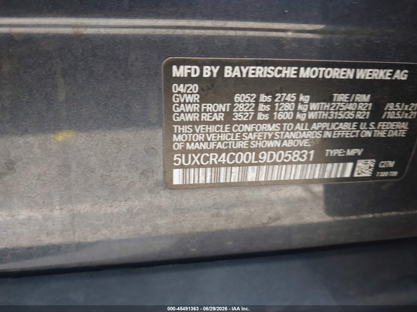 2020 BMW X5 VIN 5UXCR4C00L9D05831 IAAI salvage auction — SIDE, Salvage (North Carolina), sold $18,350 on 2026-07-29 (photo 9)