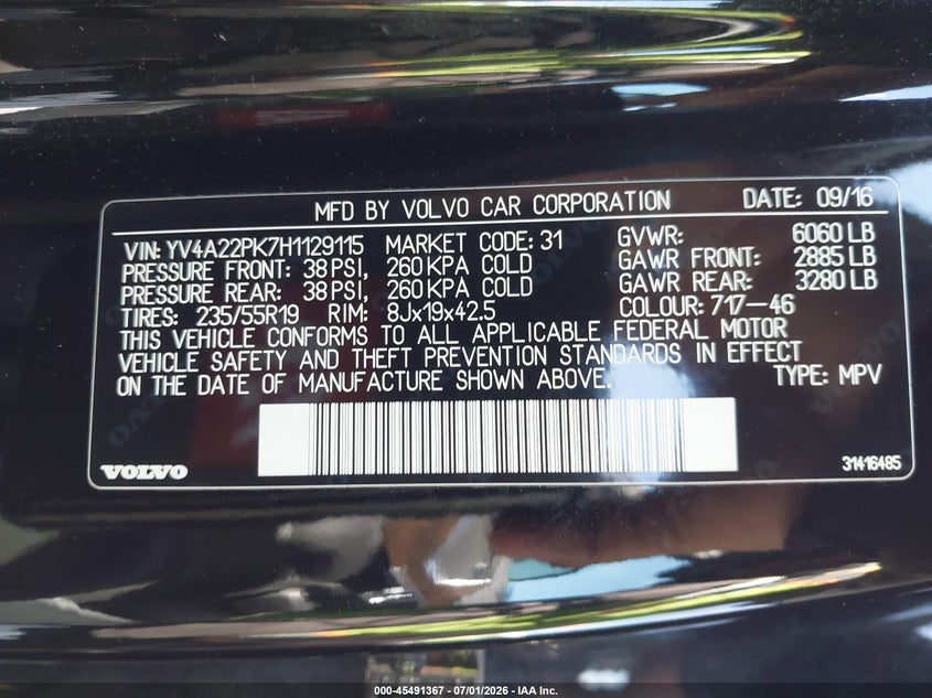 2017 Volvo Xc90 VIN YV4A22PK7H1129115 IAAI salvage auction — FRONT END, Salvage (California), sold $6,250 on 2026-07-30 (photo 9)