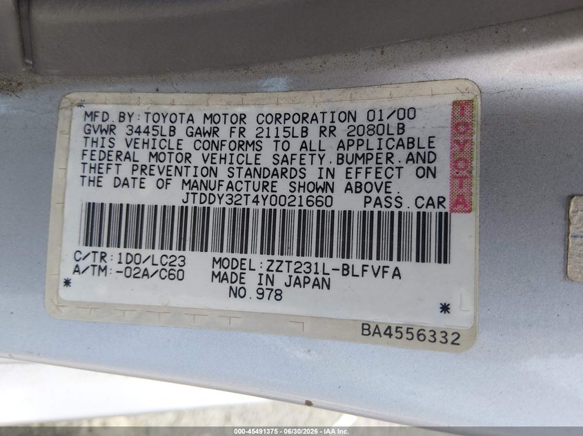 2000 Toyota Celica VIN JTDDY32T4Y0021660 IAAI salvage auction — FRONT END, Salvage (California), sold $1,000 on 2026-07-09 (photo 9)
