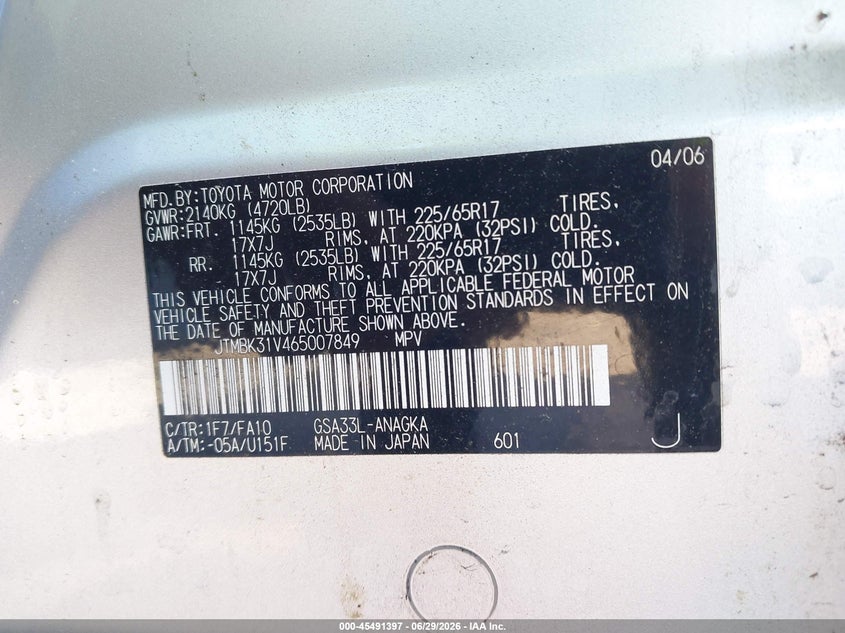 2006 Toyota Rav4 VIN JTMBK31V465007849 IAAI salvage auction — NORMAL WEAR, Clear (Georgia), sold $775 on 2026-07-24 (photo 9)