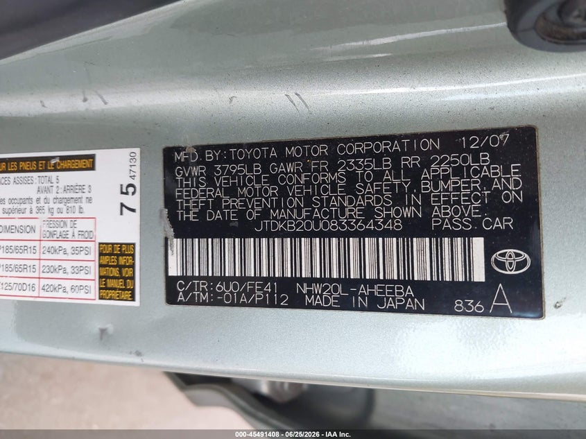 2008 Toyota Prius VIN JTDKB20U083364348 IAAI salvage auction — NORMAL WEAR, Clear (Florida), sold $550 on 2026-07-29 (photo 9)