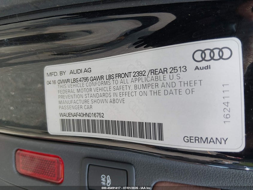 2017 Audi A4 VIN WAUENAF40HN016752 IAAI salvage auction — FRONT END, Salvage (Connecticut), sold $450 on 2026-07-30 (photo 9)