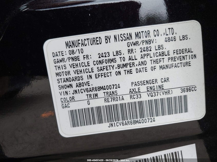 2011 Infiniti G37 VIN JN1CV6AR6BM400724 IAAI salvage auction — NORMAL WEAR, Clear (Washington), sold $925 on 2026-07-29 (photo 9)