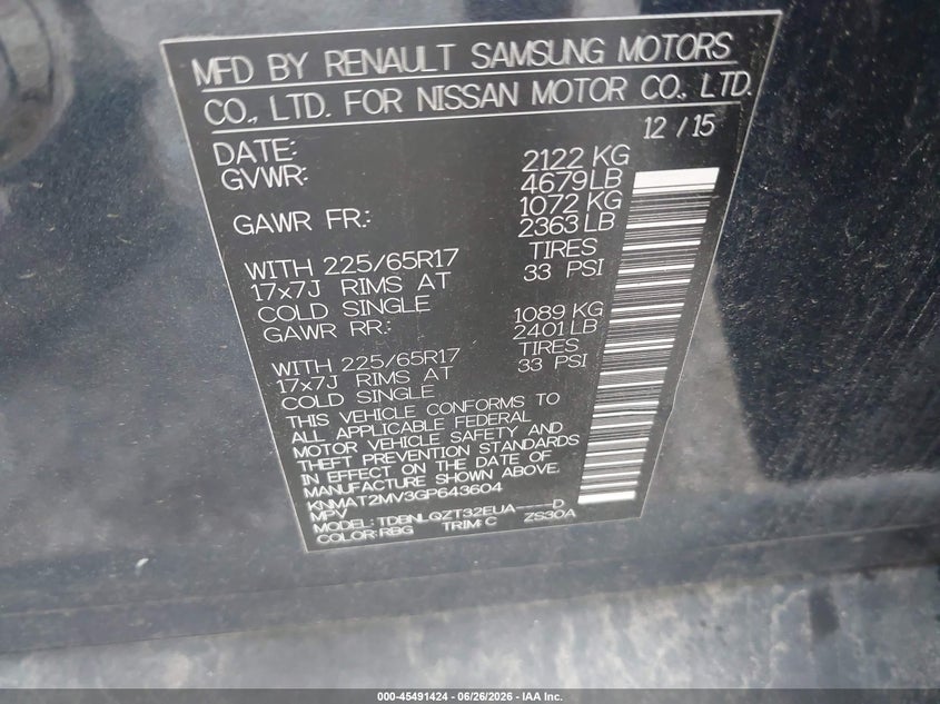 2016 Nissan Rogue VIN KNMAT2MV3GP643604 IAAI salvage auction — FRONT END, Clear (Indiana), sold $575 on 2026-07-08 (photo 9)