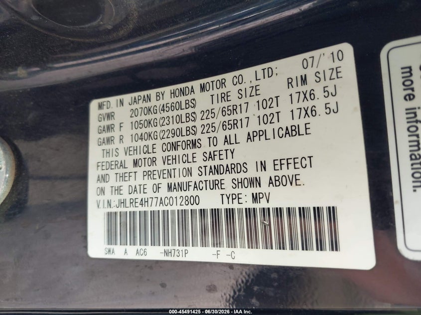 2010 Honda Cr-v VIN JHLRE4H77AC012800 IAAI salvage auction — LEFT FRONT, Nrc Lienholder Repossession Paperwork (Texas), sold $600 on 2026-07-27 (photo 9)