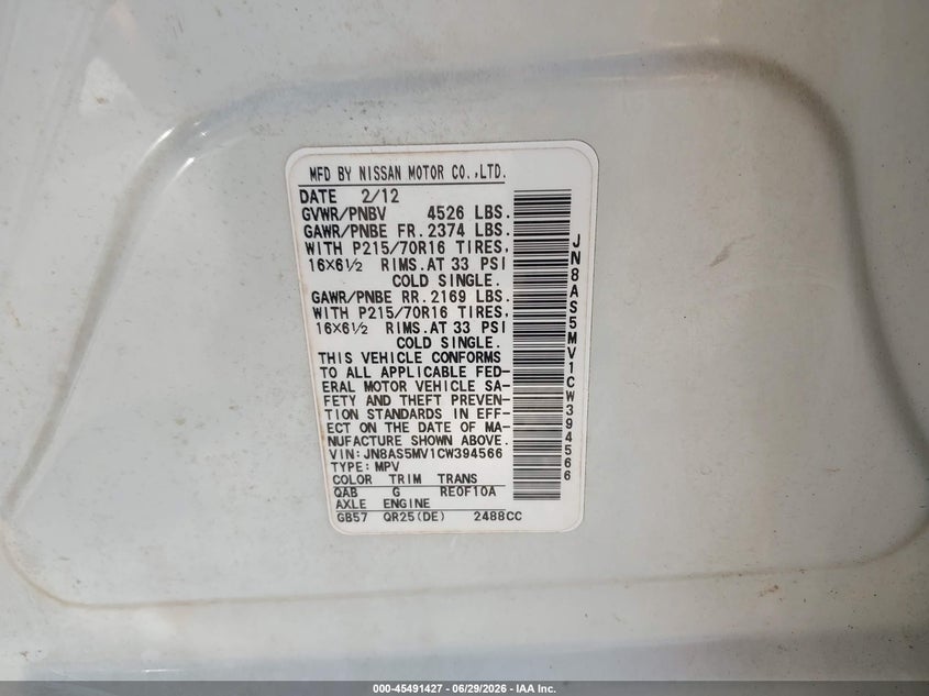 2012 Nissan Rogue VIN JN8AS5MV1CW394566 IAAI salvage auction — LEFT SIDE, Rebuildable (Florida), sold $375 on 2026-07-23 (photo 9)