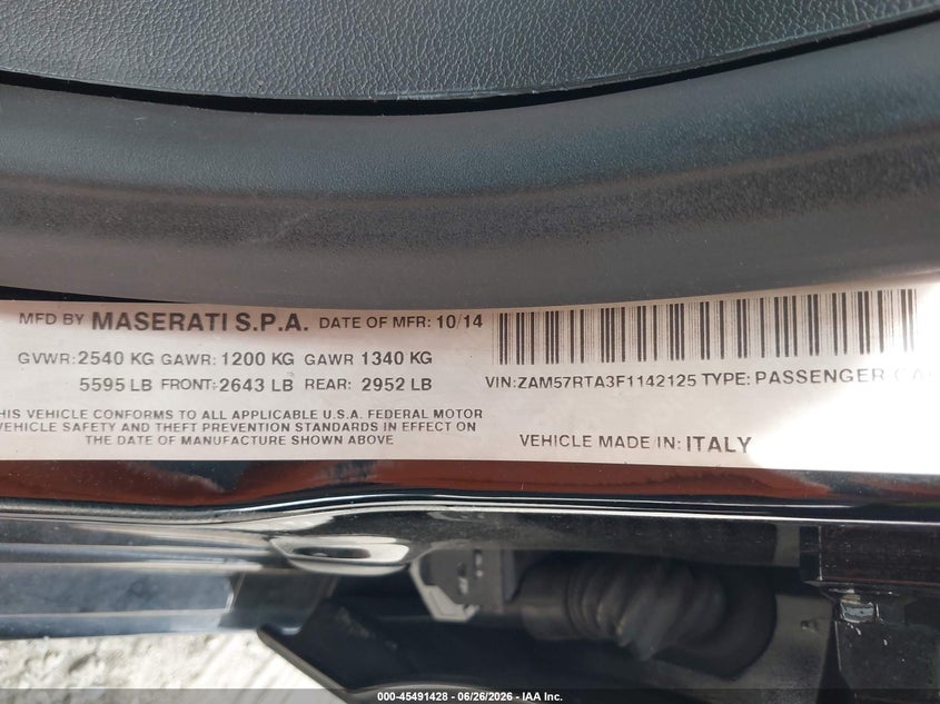 2015 Maserati Ghibli VIN ZAM57RTA3F1142125 IAAI salvage auction — FRONT END, Salvage (Pennsylvania), sold $5,225 on 2026-07-31 (photo 9)