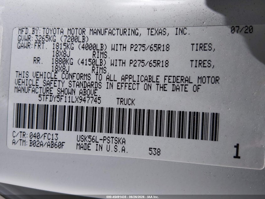 2020 Toyota Tundra VIN 5TFDY5F11LX947745 IAAI salvage auction — FRONT & REAR, Rebuildable (Florida), sold $16,200 on 2026-07-16 (photo 9)