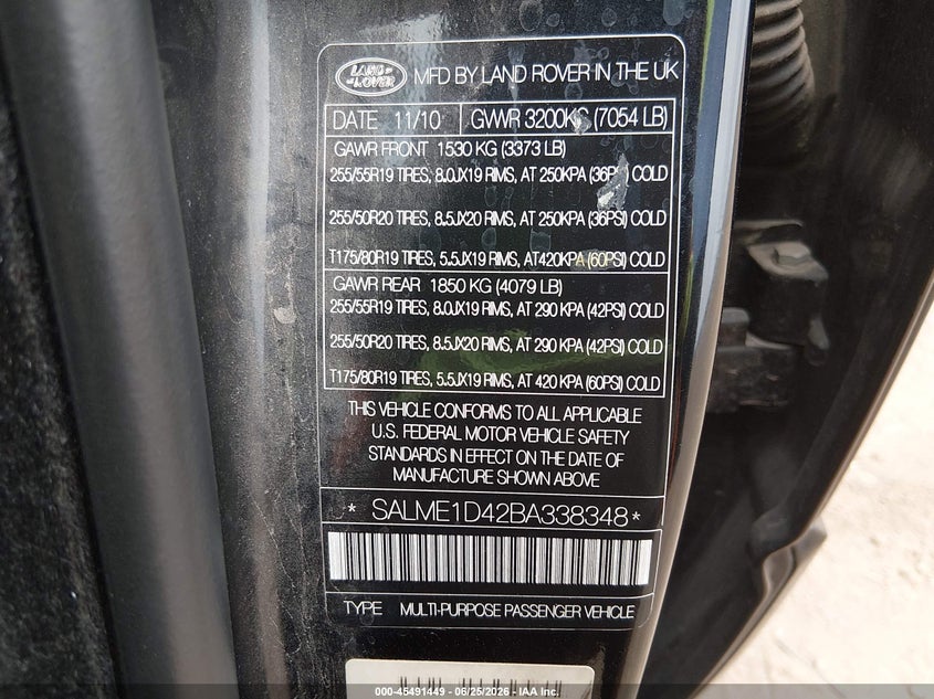 2011 Land rover RANGE ROVER VIN SALME1D42BA338348 IAAI salvage auction — NORMAL WEAR, Clear-Dealer Only (Arizona), sold $375 on 2026-07-28 (photo 9)