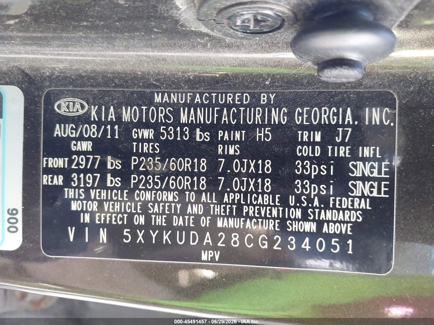 2012 Kia Sorento VIN 5XYKUDA28CG234051 IAAI salvage auction — NORMAL WEAR, Clear (New York), sold $1,000 on 2026-07-07 (photo 9)