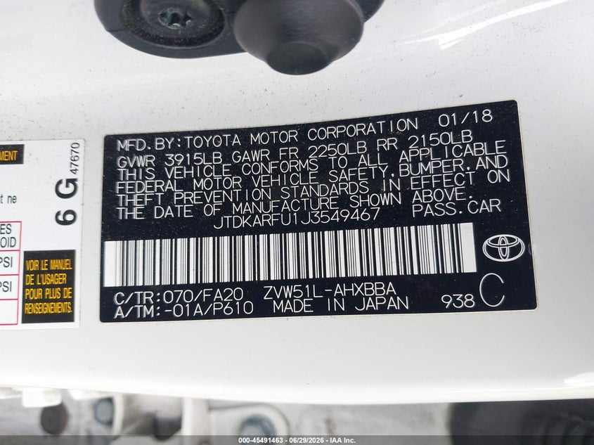2018 Toyota Prius VIN JTDKARFU1J3549467 IAAI salvage auction — FRONT END, Bill Of Sale (Washington), sold $1,900 on 2026-07-19 (photo 9)