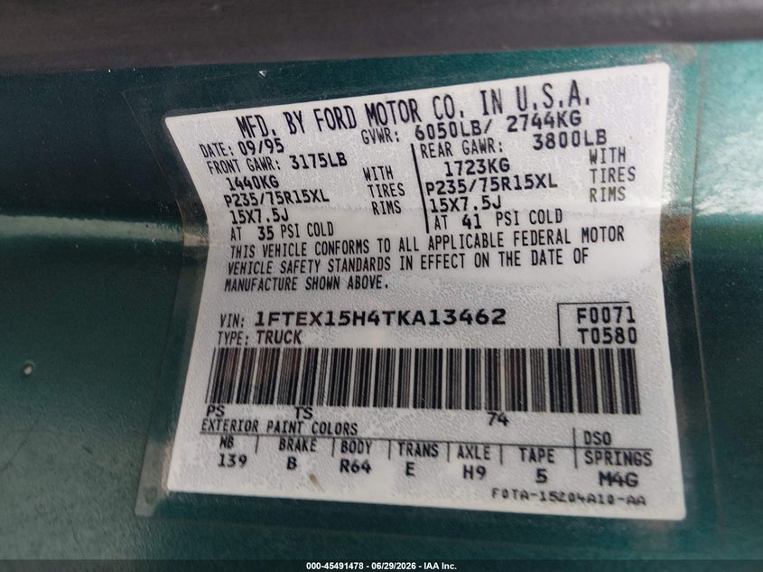 1996 Ford F-150 lightning VIN 1FTEX15H4TKA13462 IAAI salvage auction — NORMAL WEAR, Clear (Washington), sold $650 on 2026-07-08 (photo 9)