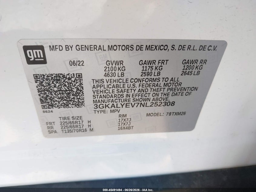 2022 Gmc Terrain VIN 3GKALYEV7NL252308 IAAI salvage auction — SIDE, Mv-907A (New York), sold $7,600 on 2026-07-26 (photo 9)