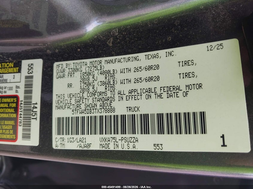 2026 Toyota Tundra VIN 5TFWA5DB3TX378888 IAAI salvage auction — FRONT END, Salvage (California), sold $17,000 on 2026-07-23 (photo 9)