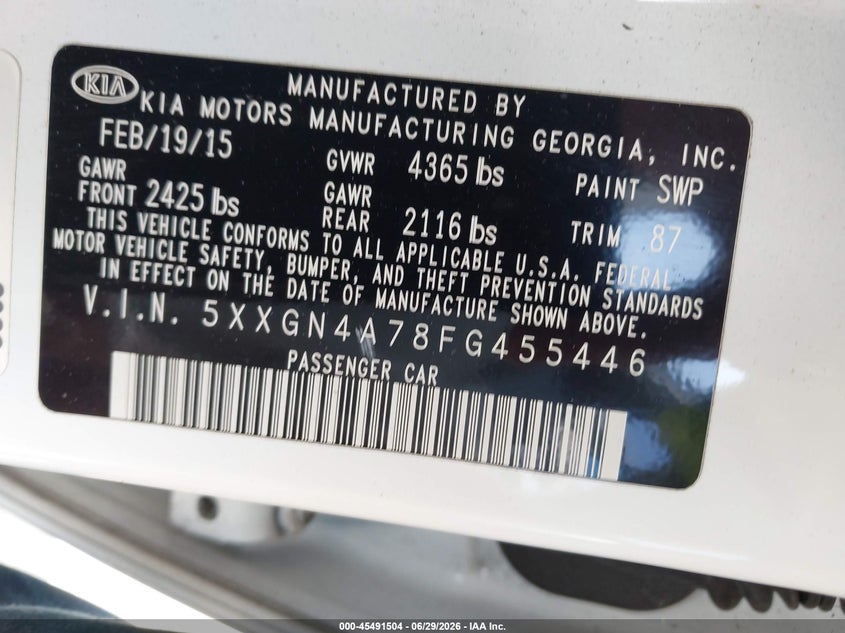 2015 Kia Optima VIN 5XXGN4A78FG455446 IAAI salvage auction — REAR END, Salvage (California), sold $1,400 on 2026-07-29 (photo 9)