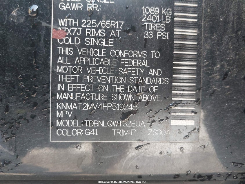 2017 Nissan Rogue VIN KNMAT2MV4HP519245 IAAI salvage auction — NORMAL WEAR, Clear (Tennessee), sold $1,050 on 2026-07-29 (photo 9)