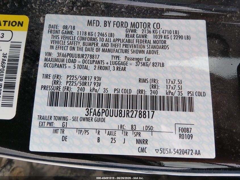 2018 Ford Fusion VIN 3FA6P0UU8JR278817 IAAI salvage auction — NORMAL WEAR, Sf97 (Iowa), sold $12,100 on 2026-09-03 (photo 9)