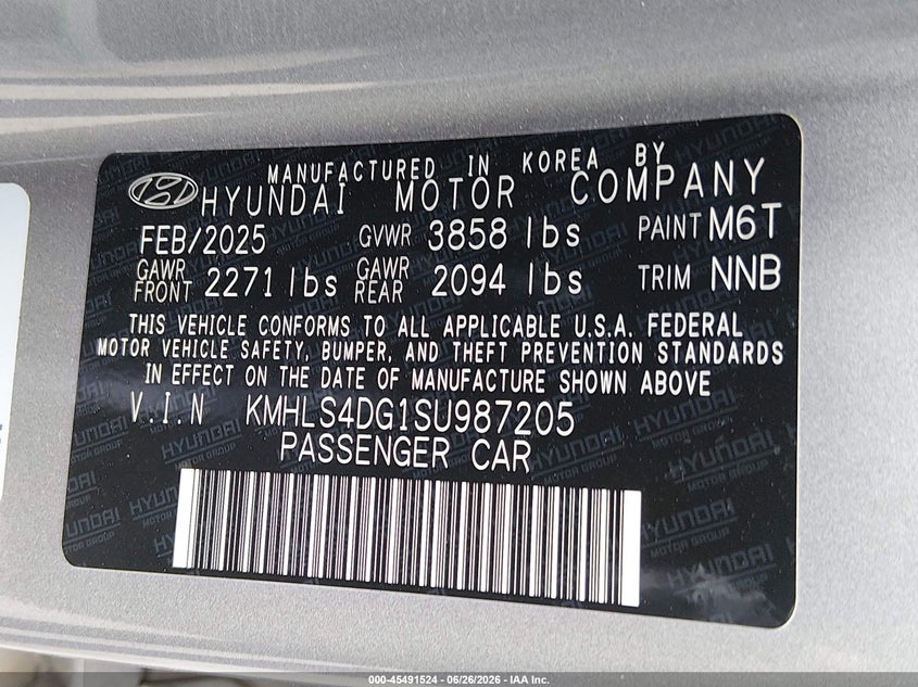 2025 Hyundai Elantra VIN KMHLS4DG1SU987205 IAAI salvage auction — FRONT END, Bill Of Sale - Parts Only (Washington), sold $25 on 2026-07-22 (photo 9)