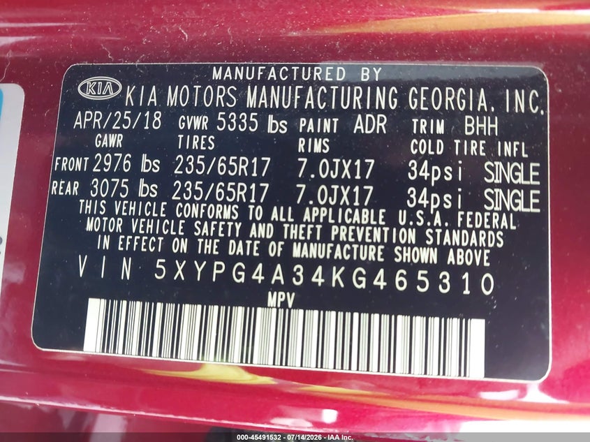 2019 Kia Sorento VIN 5XYPG4A34KG465310 IAAI salvage auction — RIGHT FRONT, Salvage (North Carolina), sold $2,500 on 2026-07-31 (photo 9)