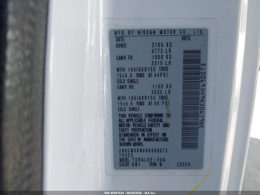 2017 Nissan Nv200 VIN 3N6CM0KN6HK690073 IAAI salvage auction — LEFT REAR, Salvage (California), sold $3,575 on 2026-07-15 (photo 9)