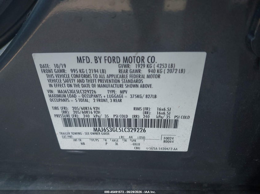 2020 Ford Ecosport VIN MAJ6S3GL5LC329226 IAAI salvage auction — FRONT END, Mv-907A (New York), sold $275 on 2026-07-11 (photo 9)