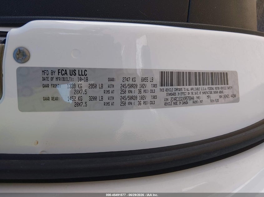 2019 Chrysler Pacifica VIN 2C4RC1EG1KR575940 IAAI salvage auction — ENGINE DAMAGE, Salvage (Arizona), sold $3,000 on 2026-07-11 (photo 9)