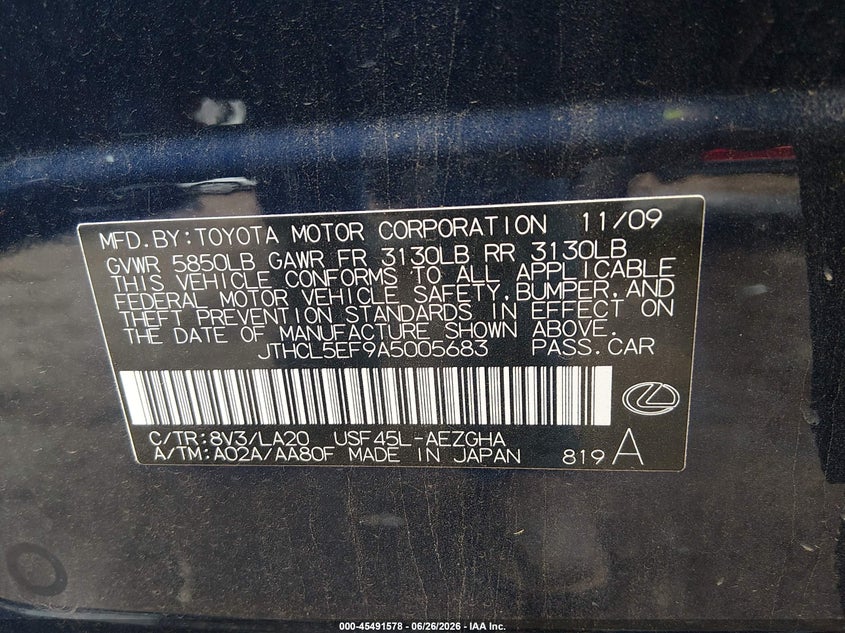 2010 Lexus Ls VIN JTHCL5EF9A5005683 IAAI salvage auction — FRONT END, Salvage (West Virginia), sold $1,450 on 2026-07-23 (photo 9)