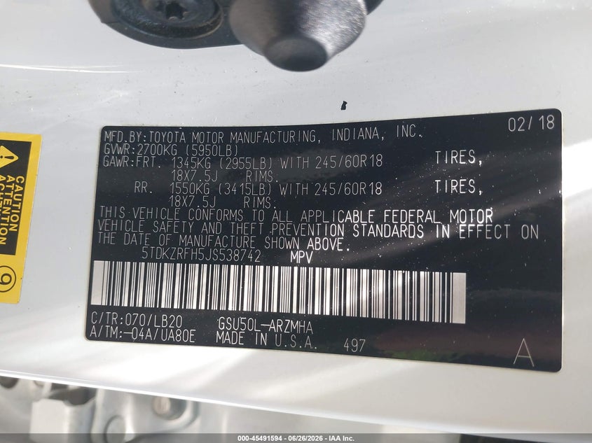 2018 Toyota Highlander VIN 5TDKZRFH5JS538742 IAAI salvage auction — LEFT FRONT, Salvage (California), sold $9,150 on 2026-07-15 (photo 9)