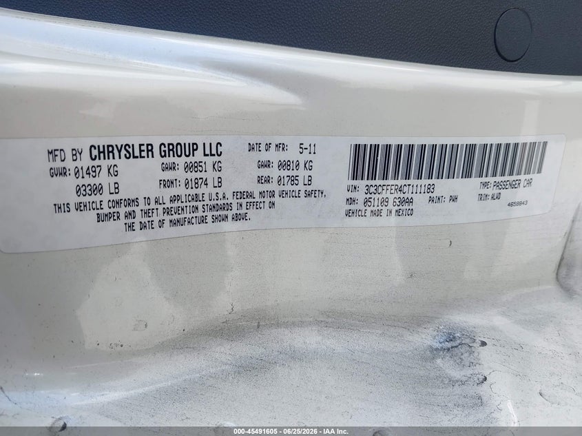 2012 Fiat 500 VIN 3C3CFFER4CT111183 IAAI salvage auction — NORMAL WEAR, Clear - Dealer Only (California), sold $950 on 2026-07-09 (photo 9)