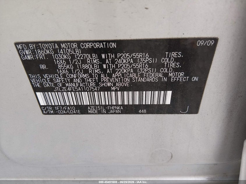 2010 Scion Xb VIN JTLZE4FE5A1107547 IAAI salvage auction — NORMAL WEAR, Peddle Salvage Public-Restricted (Oregon), sold $325 on 2026-07-29 (photo 9)