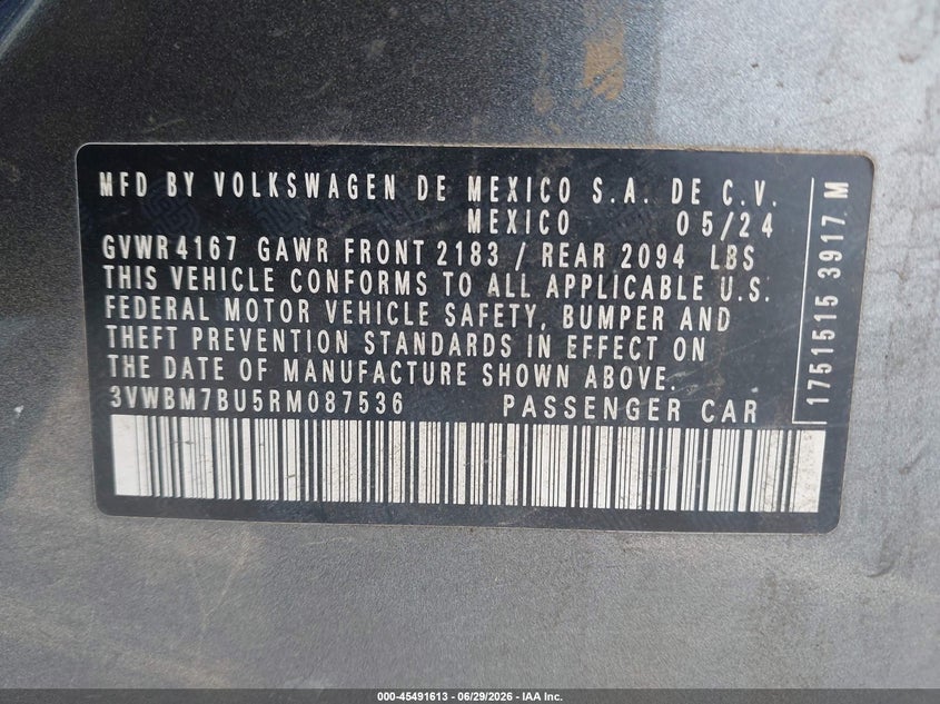2024 Volkswagen Jetta VIN 3VWBM7BU5RM087536 IAAI salvage auction — FRONT END, Salvage (Texas), sold $2,850 on 2026-08-14 (photo 9)