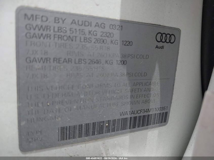 2021 Audi Q3 VIN WA1AUCF34M1100351 IAAI salvage auction — FRONT END, Wait Title, sold $5,650 on 2026-08-22 (photo 9)