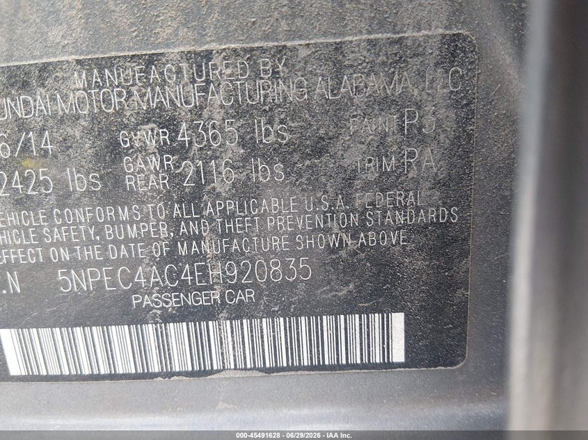 2014 Hyundai Sonata VIN 5NPEC4AC4EH920835 IAAI salvage auction — FRONT END, Salvage (South Carolina), sold $400 on 2026-07-19 (photo 9)