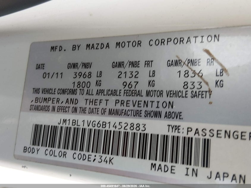2011 Mazda 3 VIN JM1BL1VG6B1452883 IAAI salvage auction — NORMAL WEAR, Clear (Louisiana), sold $325 on 2026-07-13 (photo 9)