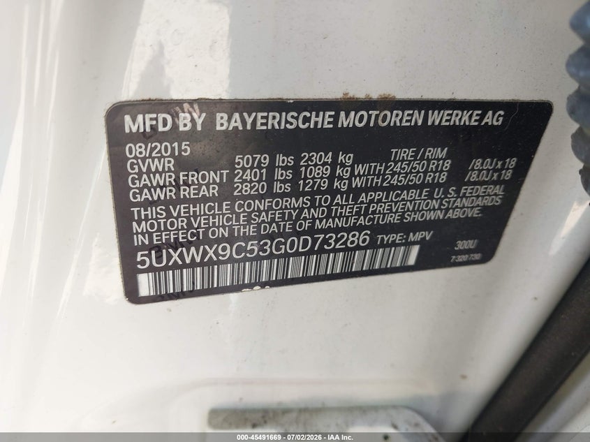 2016 BMW X3 VIN 5UXWX9C53G0D73286 IAAI salvage auction — FRONT END, Salvage (Georgia), sold $1,400 on 2026-07-23 (photo 9)