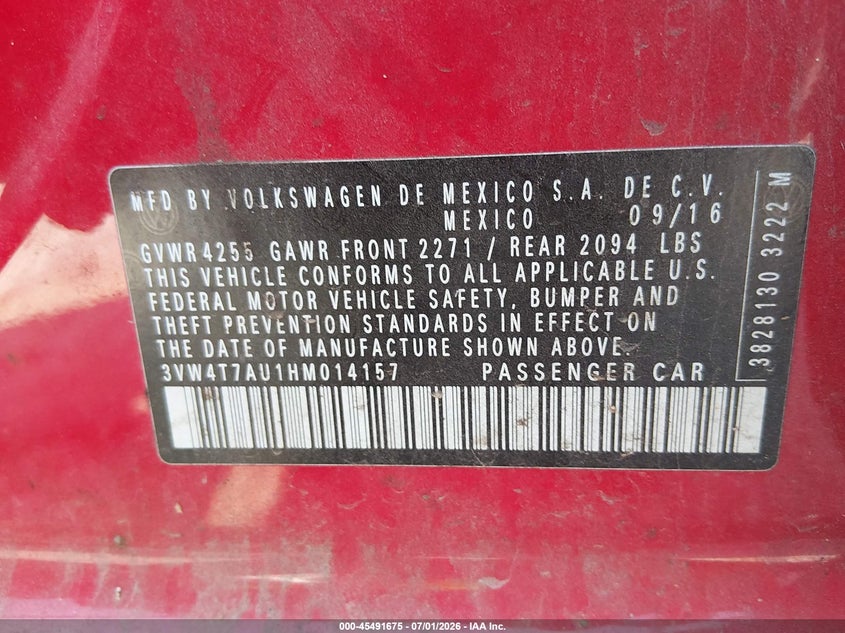 2017 Volkswagen Golf gti VIN 3VW4T7AU1HM014157 IAAI salvage auction — REAR END, Salvage Title, sold $3,500 on 2026-08-30 (photo 9)