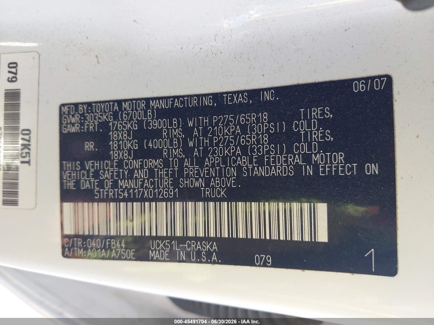 2007 Toyota Tundra VIN 5TFRT54117X012691 IAAI salvage auction — FRONT END, Salvage (Idaho), sold $2,800 on 2026-07-15 (photo 9)