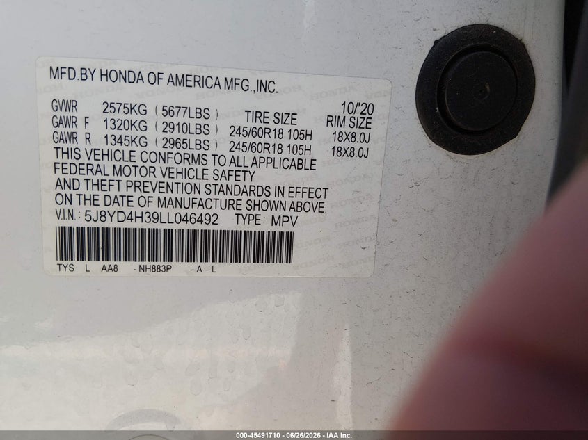 2020 Acura Mdx VIN 5J8YD4H39LL046492 IAAI salvage auction — FRONT & REAR, Salvage (Colorado), sold $7,100 on 2026-08-01 (photo 9)