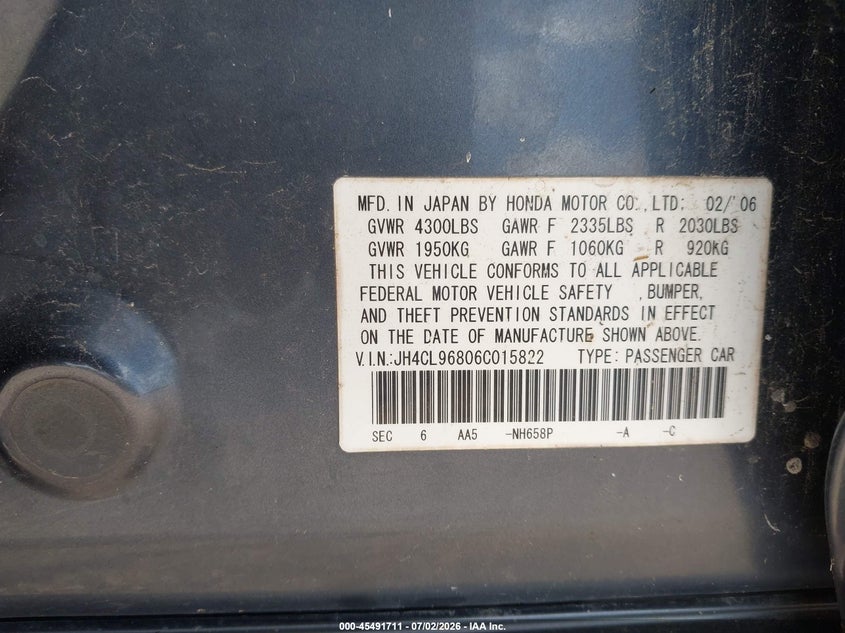 2006 Acura Tsx VIN JH4CL96806C015822 IAAI salvage auction — NORMAL WEAR, Original (Texas), sold $350 on 2026-07-15 (photo 9)