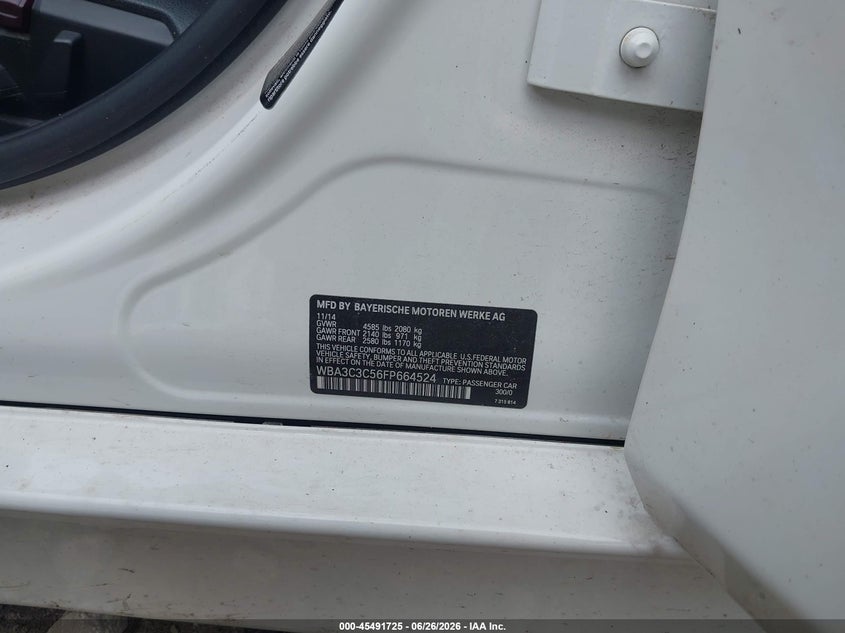 2015 BMW 3er VIN WBA3C3C56FP664524 IAAI salvage auction — REAR END, Junk Bill Of Sale Mv2459 (Wisconsin), sold $450 on 2026-07-23 (photo 9)