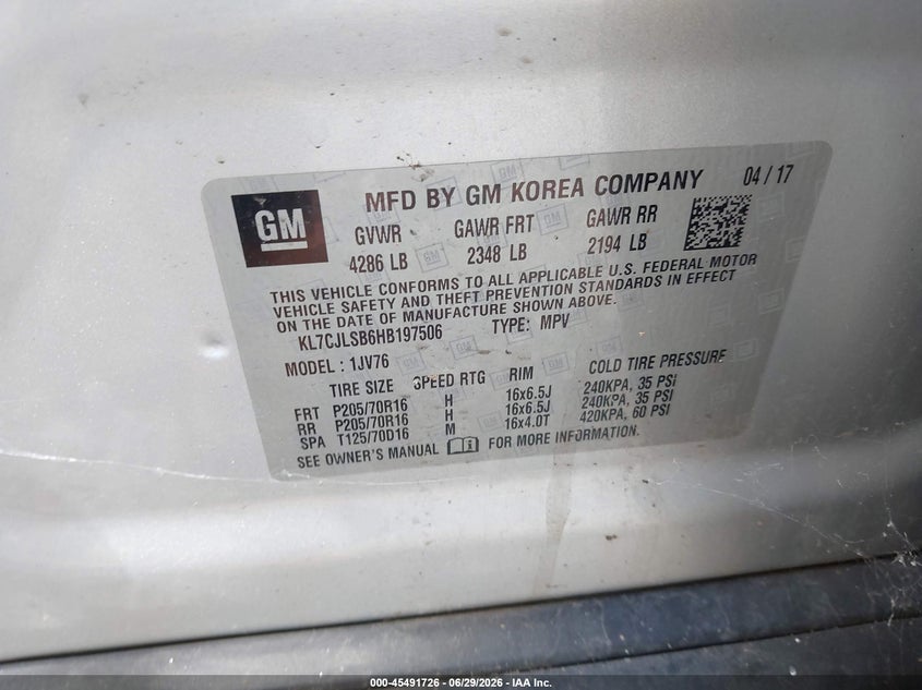 2017 Chevrolet Trax VIN KL7CJLSB6HB197506 IAAI salvage auction — NORMAL WEAR, Salvage (Texas), sold $25 on 2026-07-28 (photo 9)