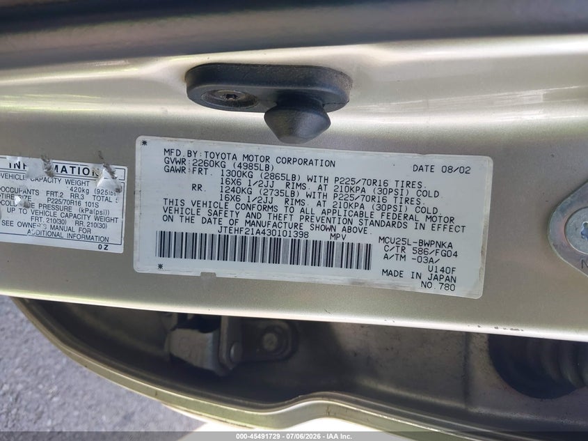 2003 Toyota Highlander VIN JTEHF21A430101398 IAAI salvage auction — NORMAL WEAR, Peddle Clear Public-Restricted (Oregon), sold $500 on 2026-07-28 (photo 9)