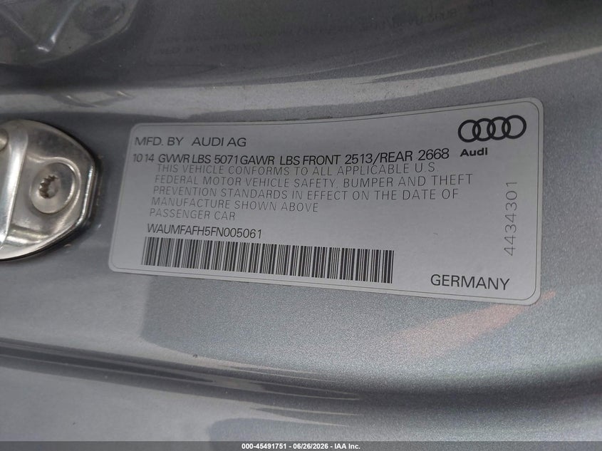 2015 Audi A5 VIN WAUMFAFH5FN005061 IAAI salvage auction — RIGHT FRONT, Salvage (California), sold $3,000 on 2026-07-27 (photo 9)