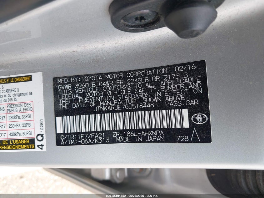2016 Scion Im VIN JTNKARJE7GJ518448 IAAI salvage auction — RIGHT SIDE, Salvage (Pennsylvania), sold $2,250 on 2026-07-24 (photo 9)